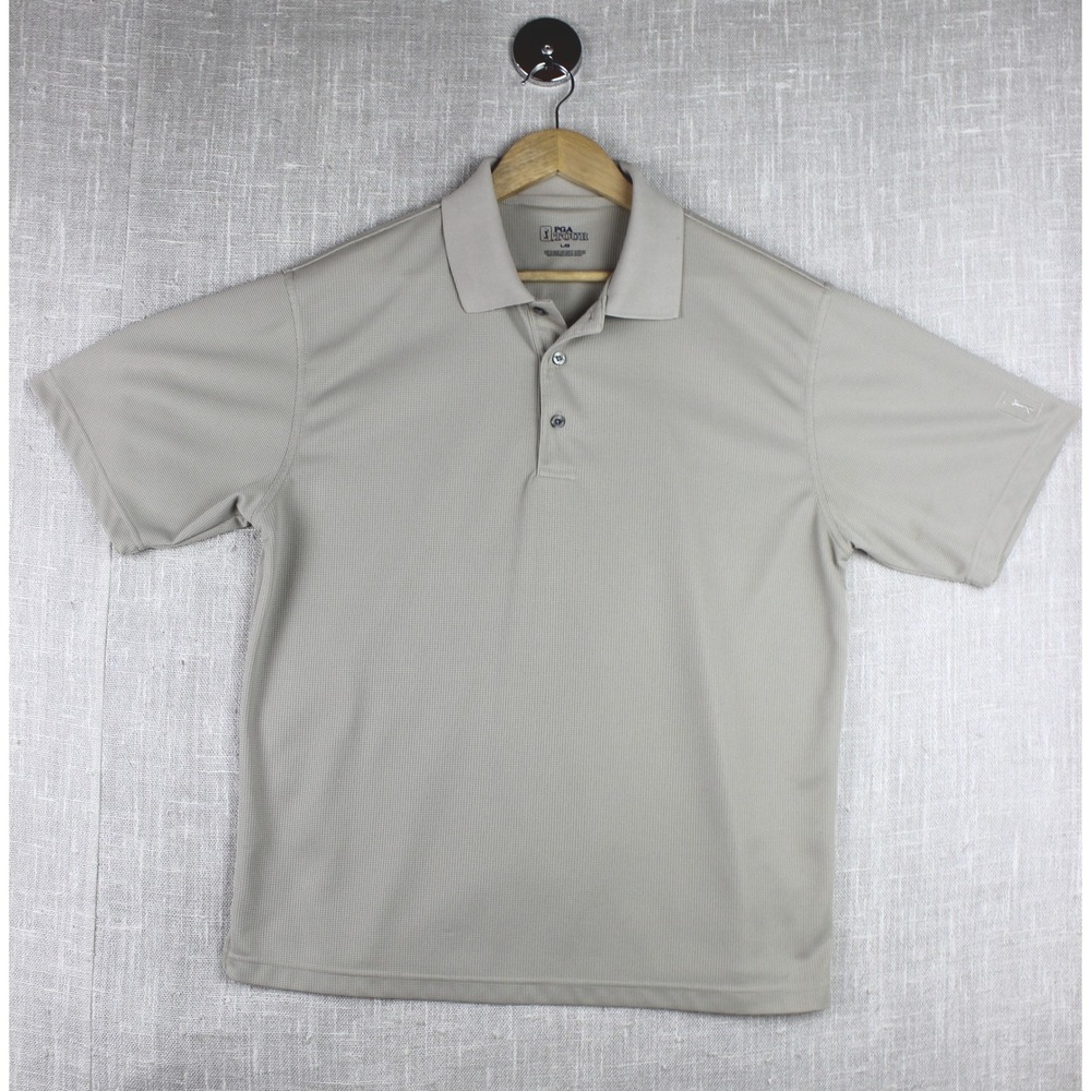 PGA Tour Mens Large Tan Waffle Knit Short Sleeve Golf Polo Shirt RN37763